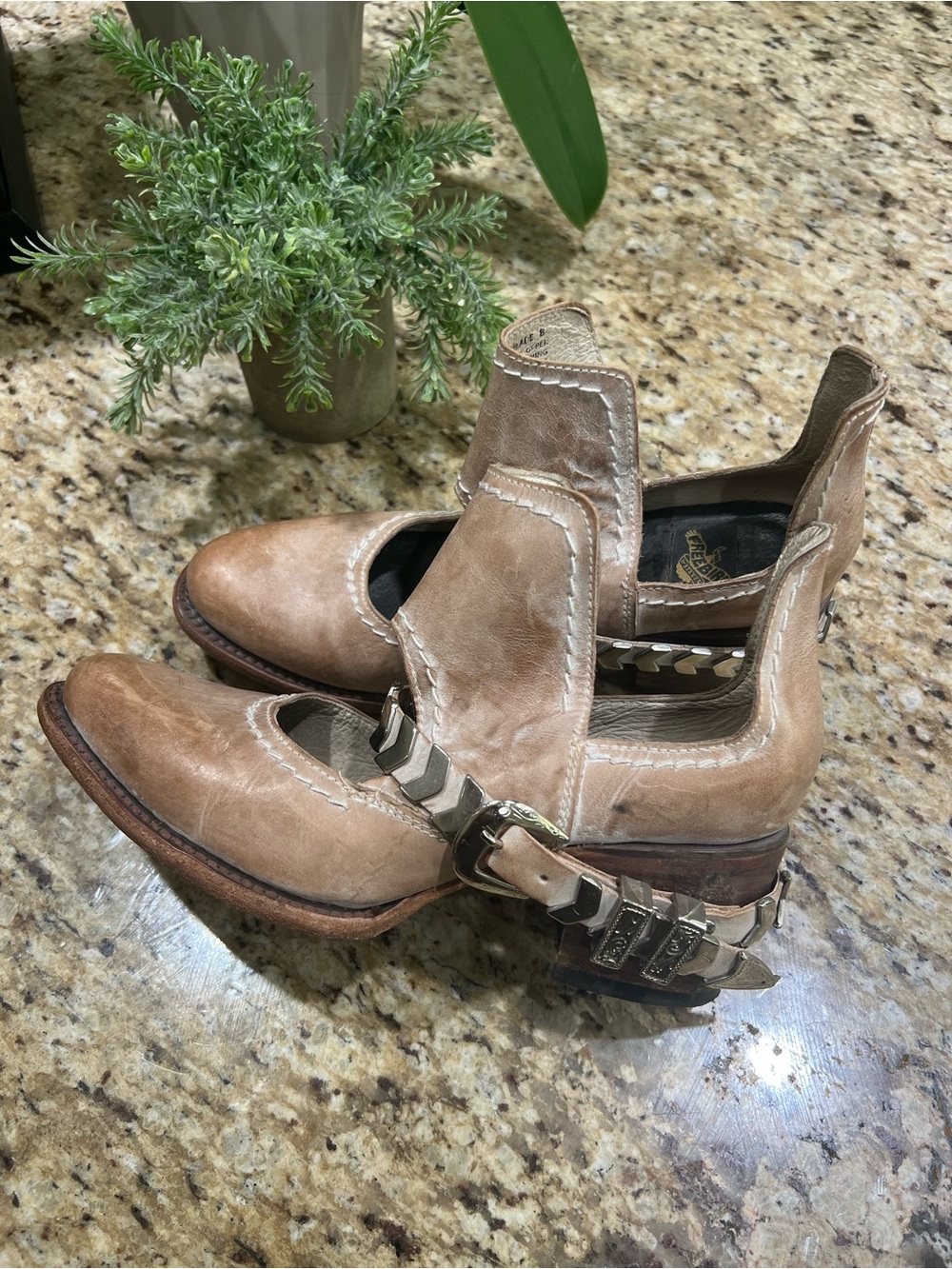 FreeBird Blade Distressed Taupe Leather w/ Silver Chevron Harness Ankle Boots 8